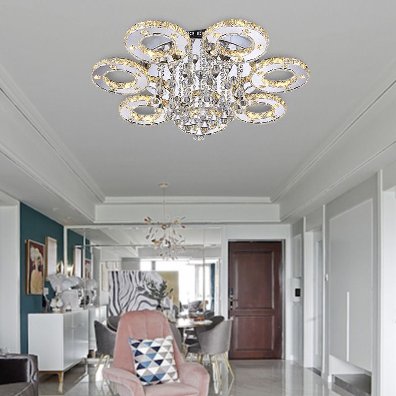 Ring Semi Flush Light Contemporary K9 Crystal Chrome 23.5"/28"/33.5" Wide LED Ceiling Lamp, Warm/White/2 Color Light