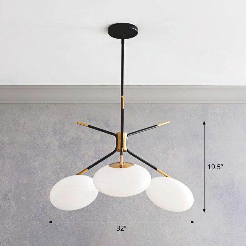 Minimalistic Chandelier Lamp Black-Brass Oval Ceiling Hang Light with Cream Glass Shade