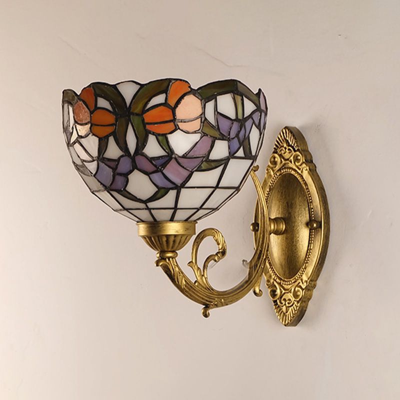 Grape/Blossom Vanity Lighting Fixture 1 Light Stained Art Glass Victorian Sconce Light in Brass for Bathroom