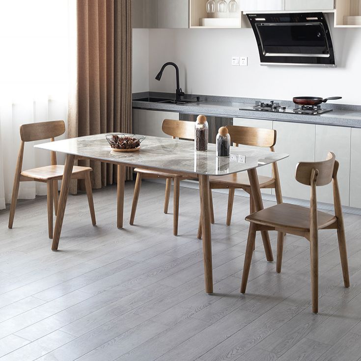 Glossy Gray Stone Top Dinette Table with Wooden Frame Mid-Century Dining Table for Home