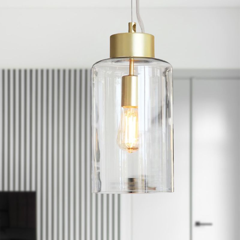 Brass Cylinder Hanging Light Fixture Modernism 1 Head Clear Glass Pendant Ceiling Light