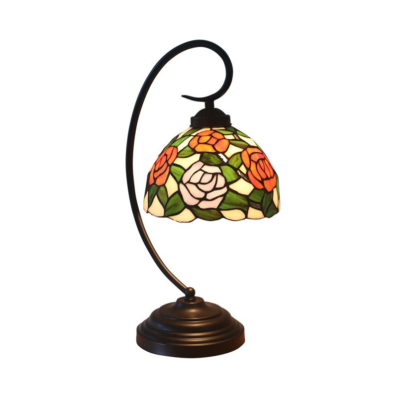 Pink/Orange 1-Head Desk Light Tiffany Hand Cut Glass Bowl Shape Night Table Lamp with Blossom Pattern for Bedroom