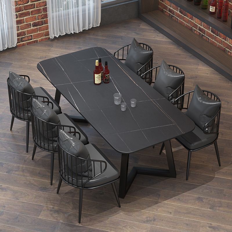 Industrial Style Sintered Stone Dining Table Black Rectangle Table with Sled Base for Dinning Room