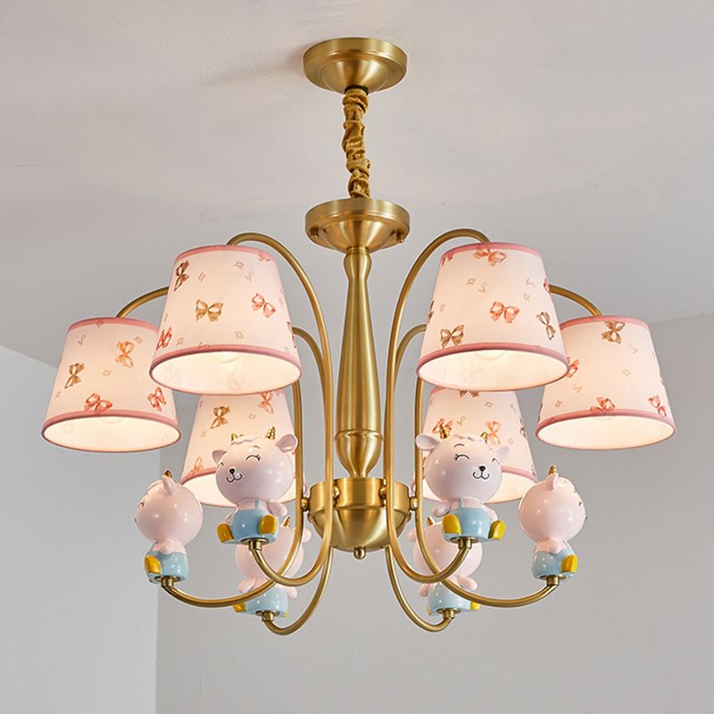 Animal Nursery Ceiling Lighting Resin Childrens Chandelier Light Fixture with Tapered Fabric Shade in Gold