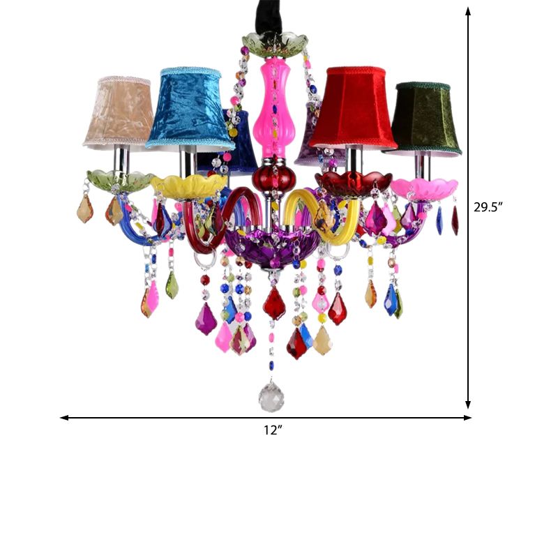 Multi-Colored Glass Chandelier with Crystal Bead 6 Lights Kids Hanging Pendant for Kindergarten