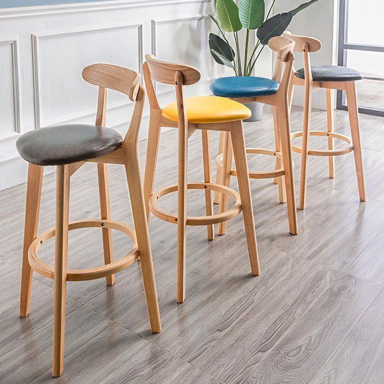 Scandinavian Rubberwood Milk Tea Shop Stool Matte Finish Upholstered Footrest Barstool