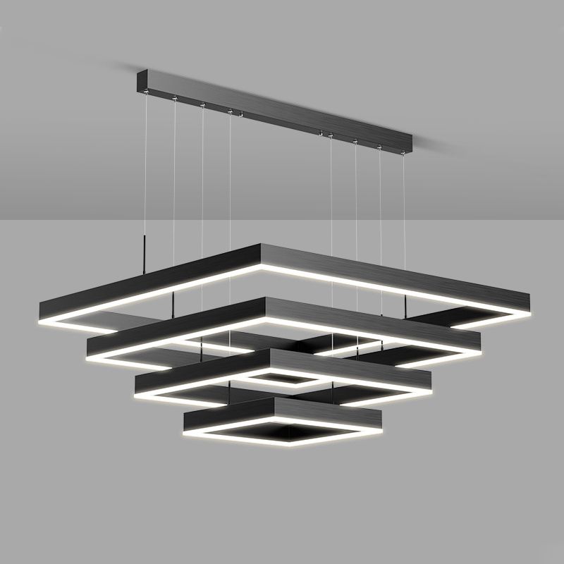 Modern Metal Chandelier Multi-Layer Square Chandelier Pendant Lamps in Black for Living Room