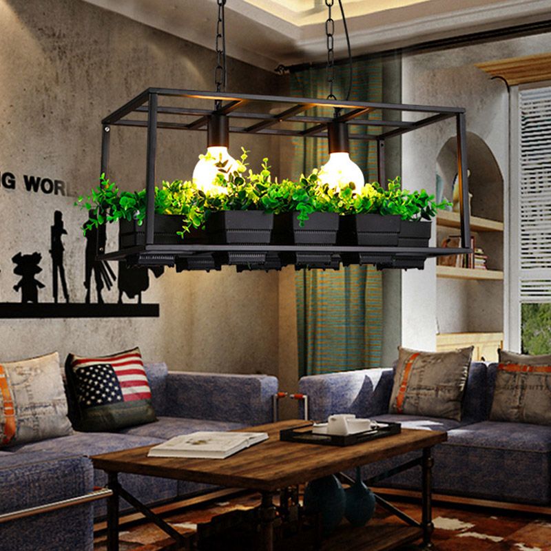 Black/White 2 Heads Island Lamp Antiqued Metal Rectangle Plant Hanging Ceiling Light for Restaurant, 21.5"/25.5" Long