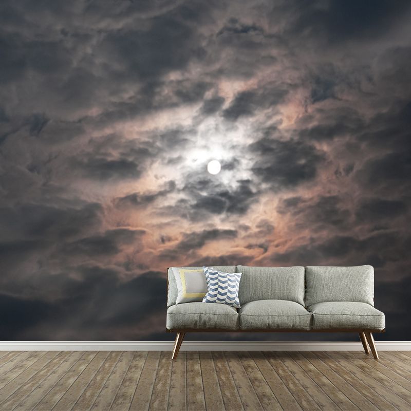 Grey-White Modern Wallpaper Mural Large Moon with Night Cloud Wall Decor for Home