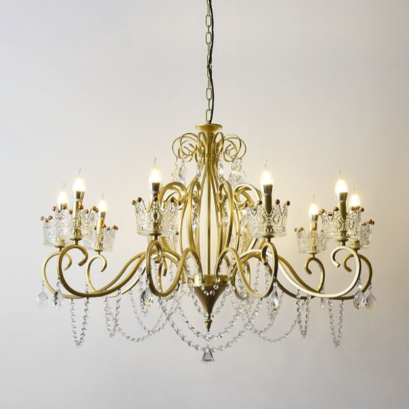 Candelabra Metal Ceiling Lighting Vintage Living Room Chandelier Light Fixture with Crystal Crown Decor