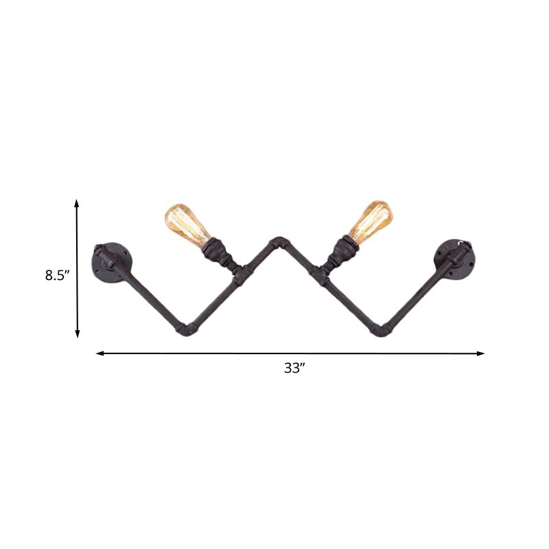 Black 2-Bulb Wall Lamp Fixture Farmhouse Iron W-Shape Wall Mount Sconce with Pipe Design