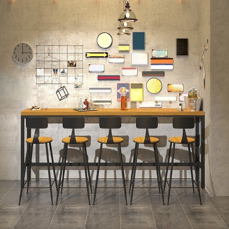 Rectangular Pine Wood Top Bistro Table Industrial Bar Table with Metal Trestle Base