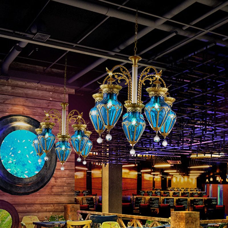 6 Lights Chandelier Light Fixture Curved Arm Red/Blue/Green Glass Suspension Pendant in Brass for Restaurant