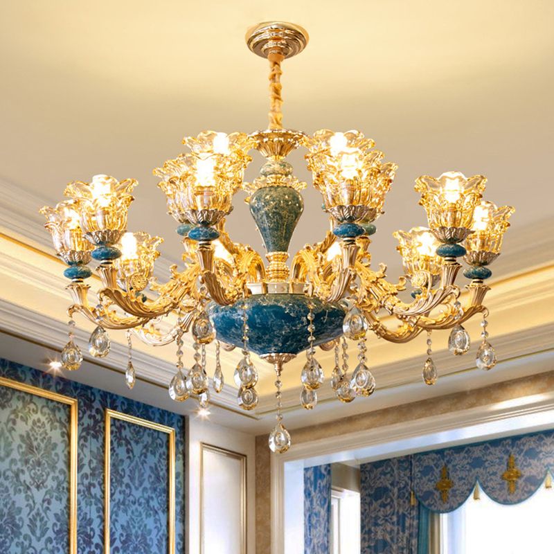 Flared Ruffle Glass Chandelier Pendant Light Vintage Living Room Hanging Light with Hanging Crystal in Gold