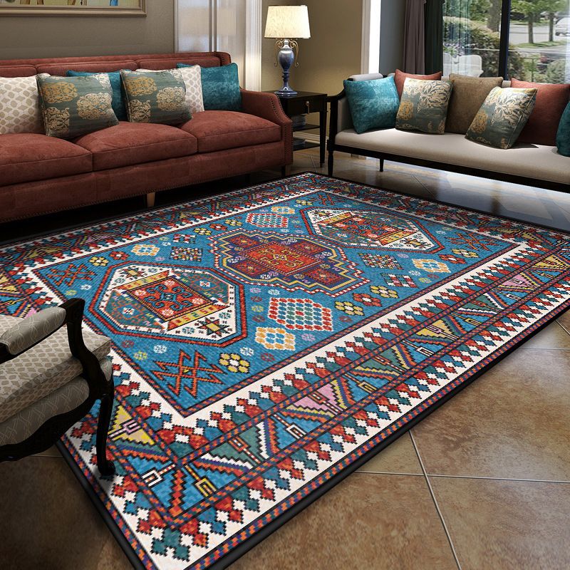 Turkish Meeting Room Area Rug Multicolor Symmetrical Tribal Pattern Rug Polypropylene Anti-Slip Stain Resistant Washable Carpet