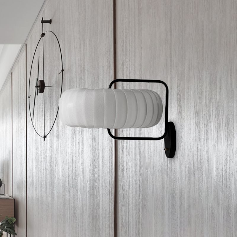 Gathered Fabric Pumpkin Wall Mounted Lamp Modern Style 3 Lights Black-White Sconce with Squared Arm