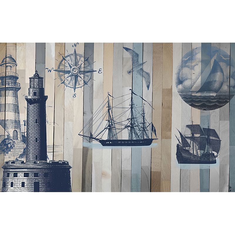 Extra Large Retro Wall Mural in Blue and Grey Beacon and Sailing Boat Wall Covering, Custom-Made