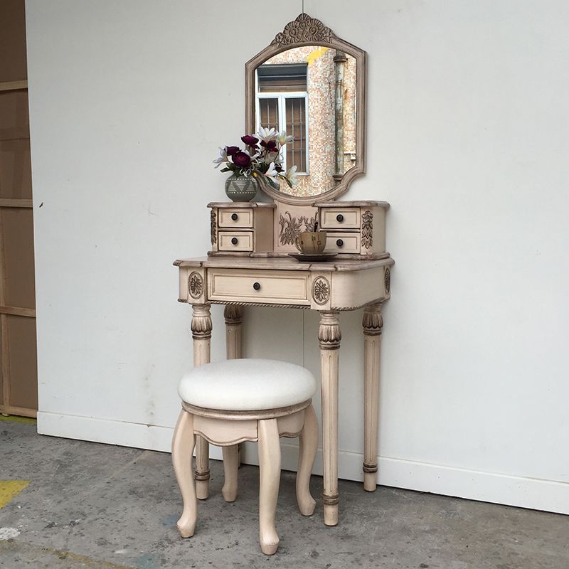 Oak Vanity Set with Stool 64.17" High Vanity with Drawer and Mirror