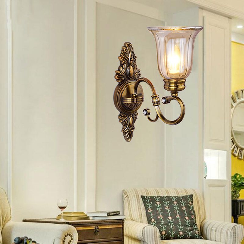 1/2-Light Clear Glass Wall Light Traditional Bronze Bell Shade Dining Room Sconce Light with Curvy Arm