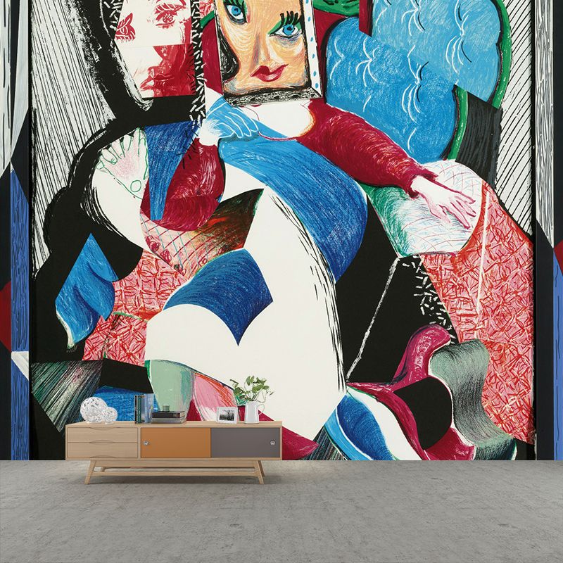 Celia Portrait Wall Murals Red-Blue Art Deco Wall Covering for Living Room, Custom Print