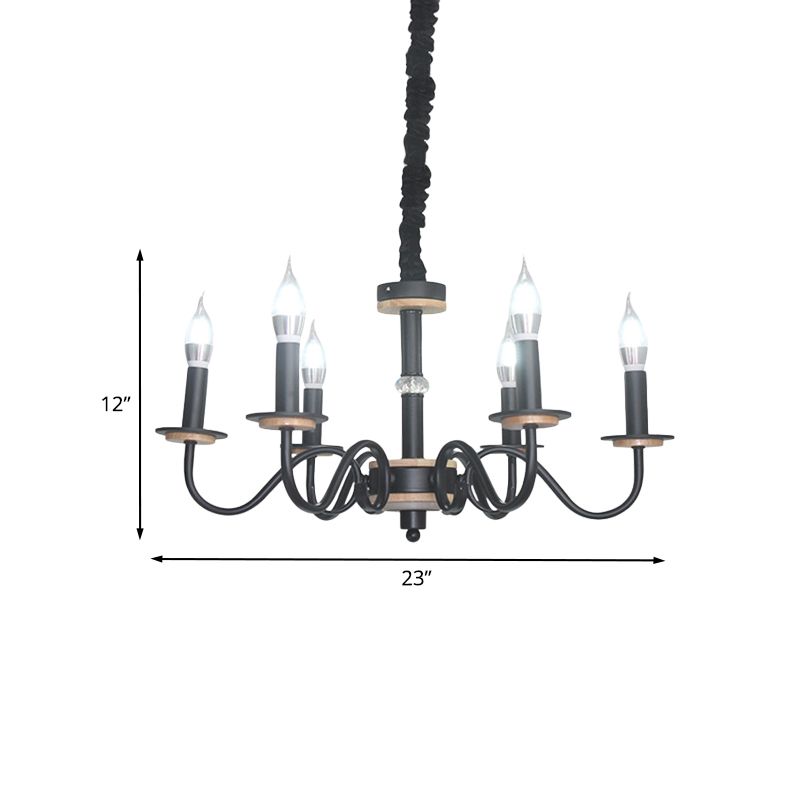 Vintage Candle Shape Pendant Chandelier 6 Heads Metallic Swooping Arm Suspension Lighting in Black for Living Room