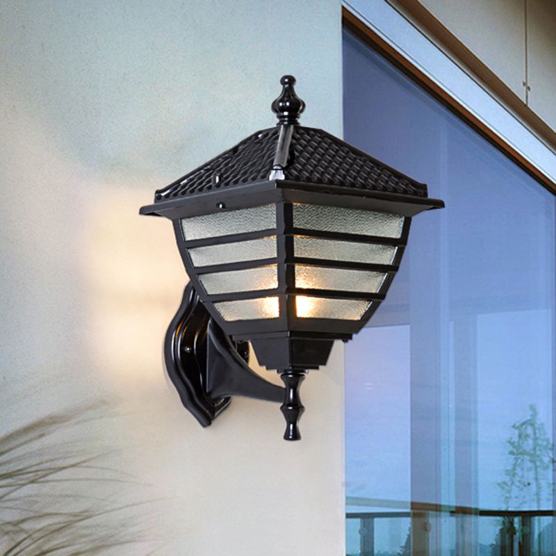Rustic Lantern Wall Sconce Light Single Bulb Frosted Glass Wall Mounted Lamp in Black