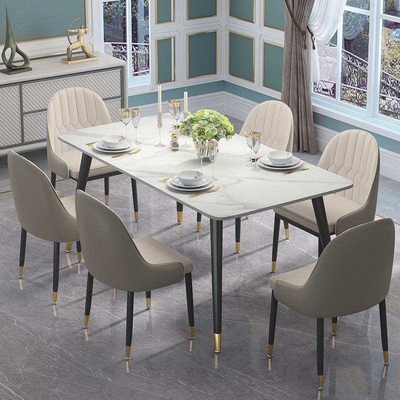 Modern Sintered Stone Table Set of 5/7 with Rectangle White Table Dining Set with PU Leather  Chairs