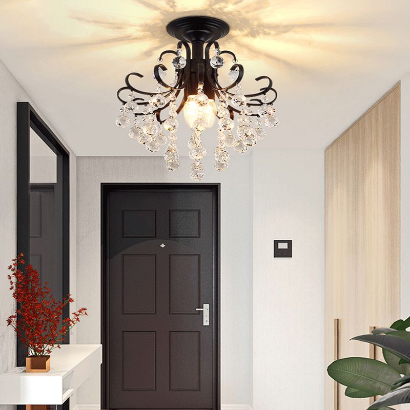 3-Bulb Semi Mount Lighting Vintage Swirl Crystal Ceiling Light in Black for Foyer