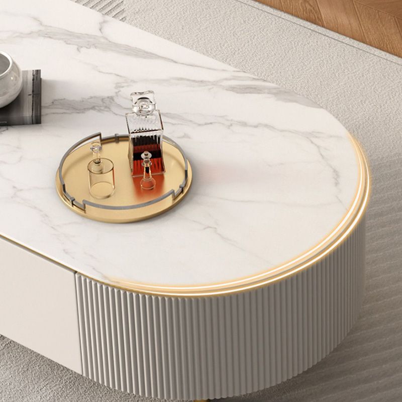 Glam Stone Oval Single White 4 Legs Coffee Table with Drawers