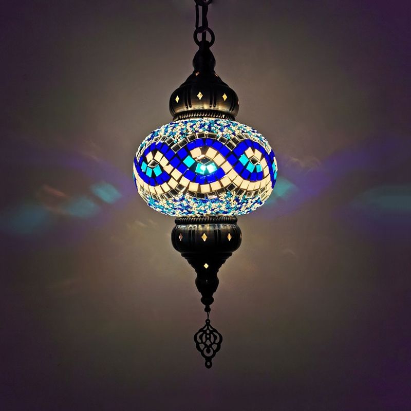1 Head Cut Glass Ceiling Pendant Light Traditional Beige/Yellow/Blue Oval Dining Room Hanging Light Fixture