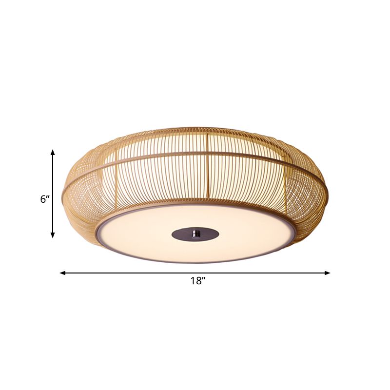 Round Bamboo Shade Flush Ceiling Light Asian Style 3/4 Lights Black/Wood Ceiling Mount Fixture for Bedroom, 18"/22" Dia