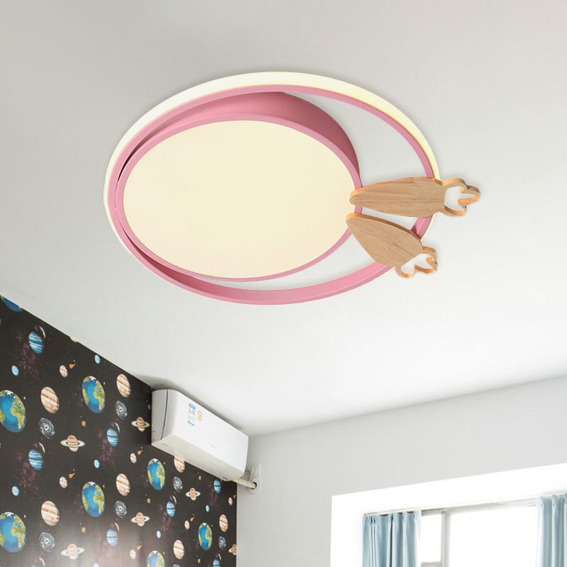 Led Bedroom Close to Ceiling Light Contemporary Green/Blue/Pink Flush Light Fixture with Round Acrylic Shade and Rainbow Bridge/Windmill/Carrot Decoration
