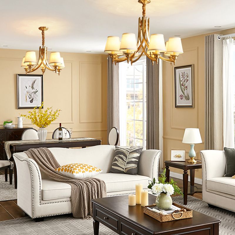 Barrel Chandelier Lighting Fixtures Traditional Multi-Head Gold Suspension Light with Fabric Shade