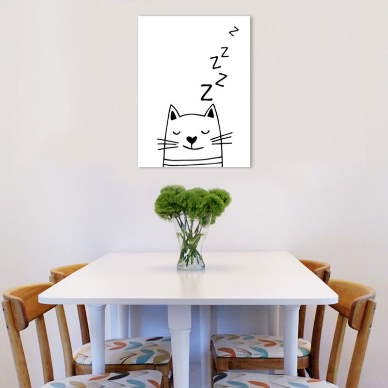 Cartoon Sweet Night Wall Art Black and White Animal Pattern Canvas for Bedroom