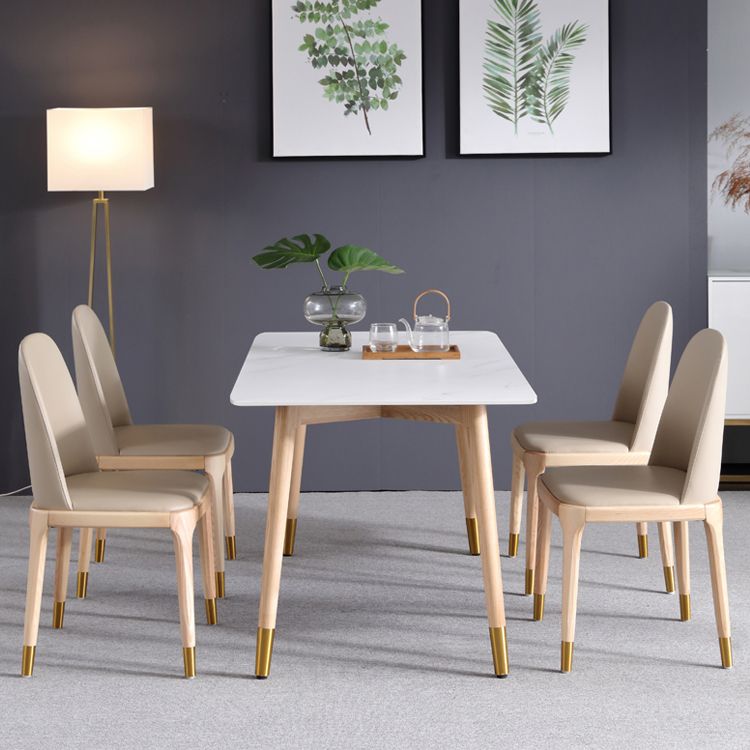 Mesa de comedor rectangular moderna de piedra sinterizada, mesa superior de piedra blanca con 4 patas de madera