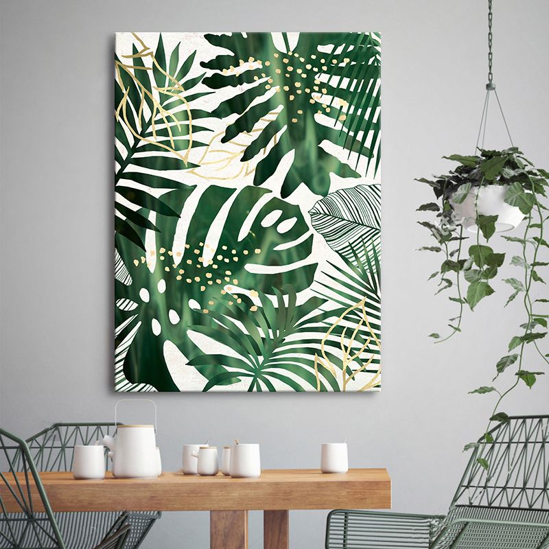 Illustrated Leaves Canvas Art Green Scandinavian Style Wall Decor for Living Room