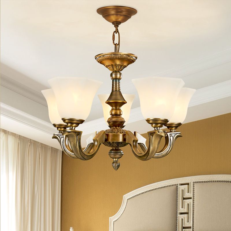 Paneled Bell Frosted Glass Chandelier Traditional Dining Room Pendant Light Fixture in Gold