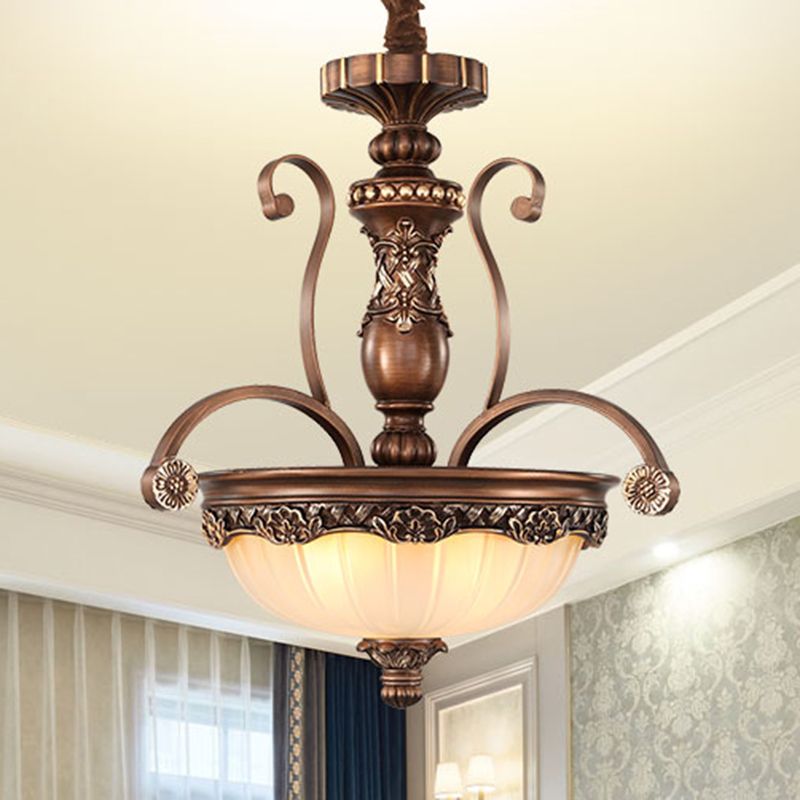 Bowl Etched Ribbed Glass Suspension Light Rustic 3 Heads Corridor Chandelier Light in Bronze