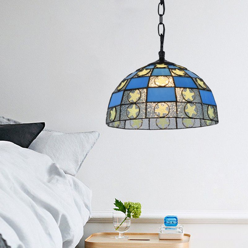 12 "/16" breed zwart 1 lichte hanglampverlichtingsbeveiliging Tiffany-stijl Blue Glass Star Hanging Lamp-kit
