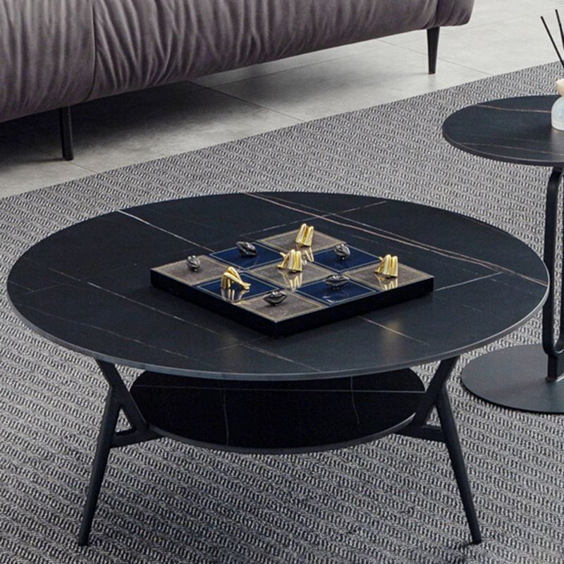 Modern Slate Trestle Coffee Table with Storage Round Cocktail Table in Grey
