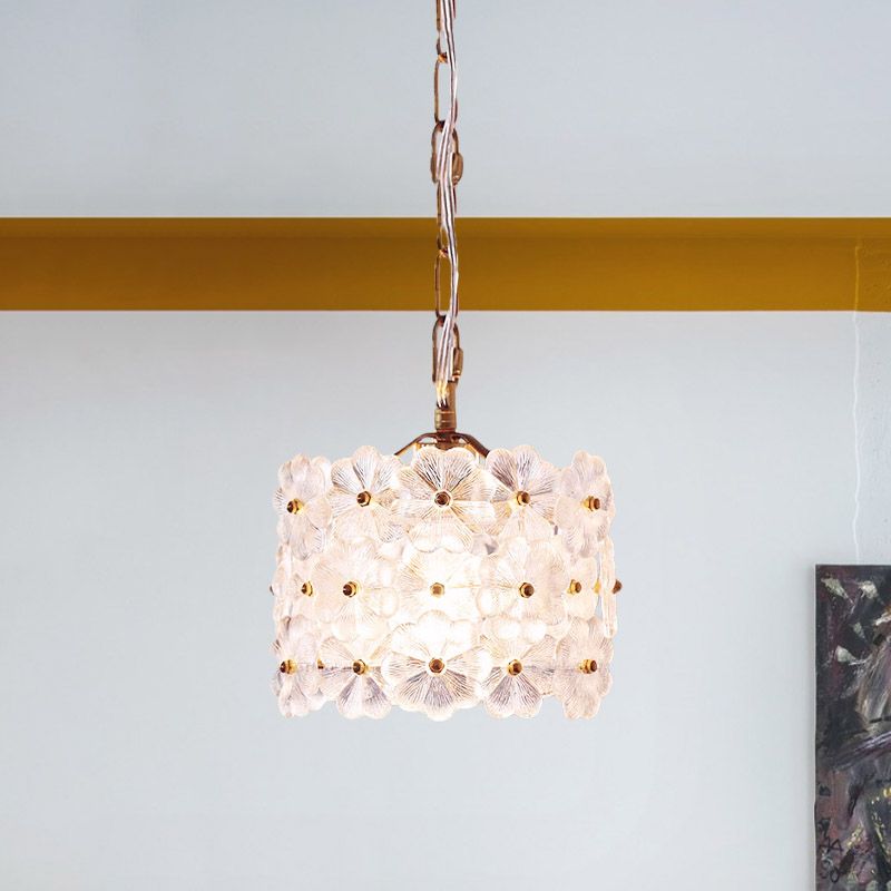 Drum White Floral Glass Hanging Light Kit Contemporary 1-Light Brass Ceiling Pendant Lamp