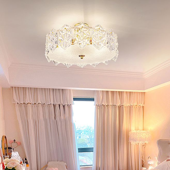 Trommel slaapkamer semi-flush lamp traditionele multi-head gouden plafondverlichting met glazen schaduw