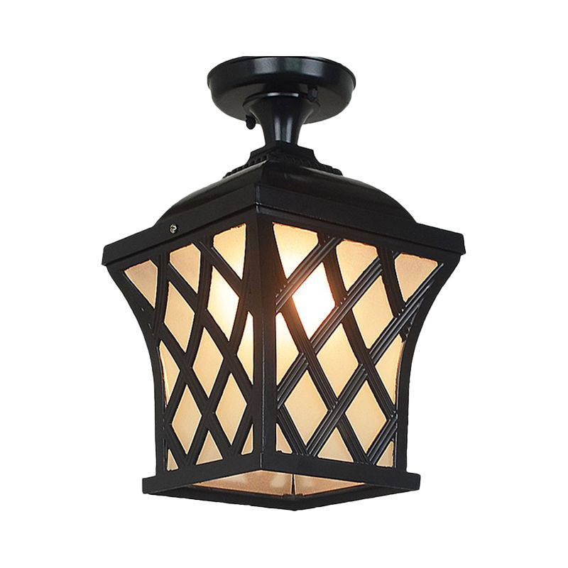 Lanterne en verre opale semi-encastrée Country 1 lumière pour balcon proche du plafond en noir/bronze avec cadre en X en métal