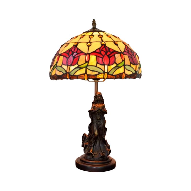 Magpie/flor de cúpula estampada lámpara nocturna Tiffany White/beige Vidrete 1 cabezal de mesa de bronce Luz con pedestal de ángel