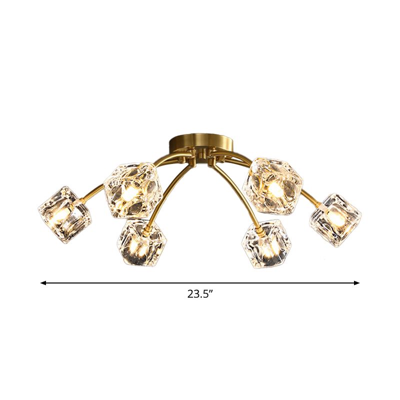 Brass Starburst Ceiling Mount Light Postmodern Crystal Cube 6/10 Heads Living Room Semi Flush Mounted Lamp