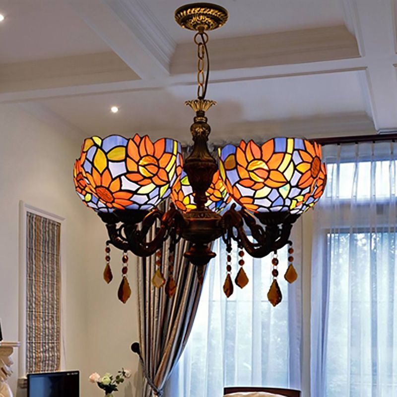 Lustre de style tiffany 5 lumières vitrail