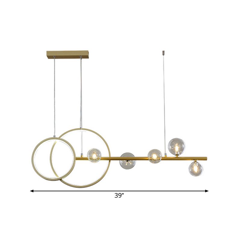 Clear Glass Sphere Island Light Fixture Simple 5 Heads LED Hanging Lamp Kit in Gold with Metal Circle Design
