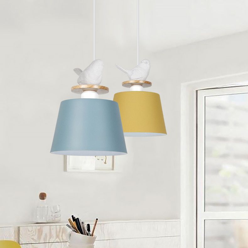 Aluminum Bucket Shade Hanging Light with Bird Deco 1 Bulb Macaron Pendant Lamp for Kid Bedroom