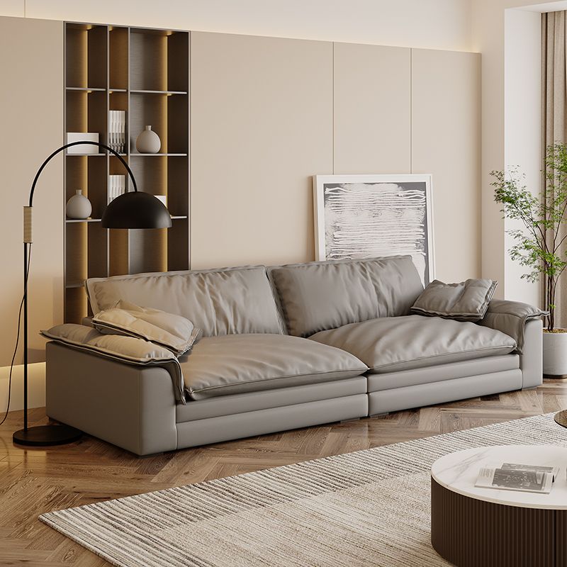 Grey Contemporary Faux Leather Pillow Top Arm Sofa with Loose Back for Living Room
