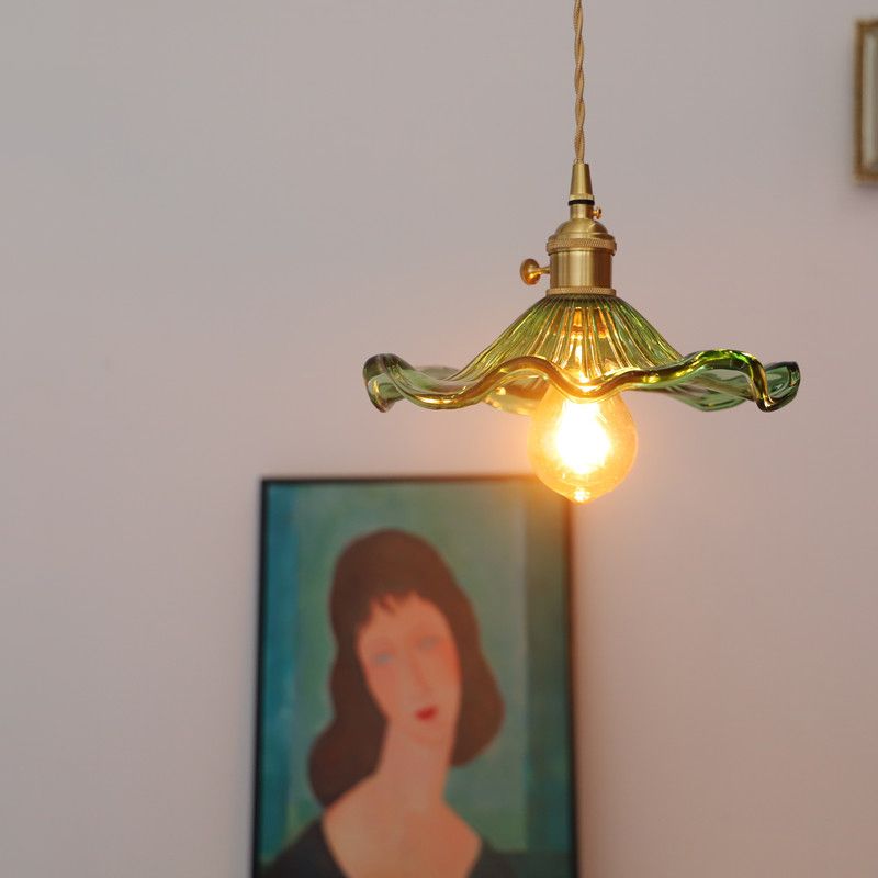Luce a sospensione in vetro verde a foglia di loto vintage a 1 luccio di luce del soffitto a sospensione a 1 luci